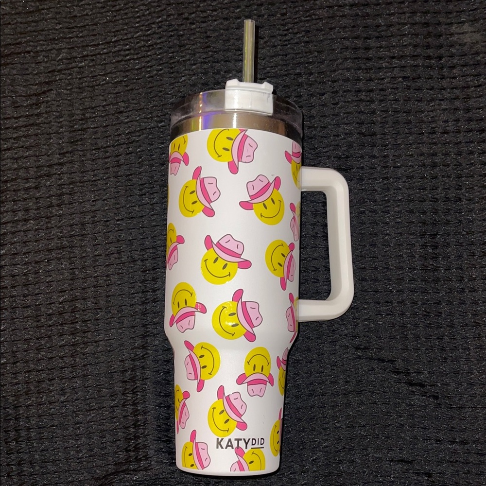 Katydid White Tumbler with Yellow Smiley Faces and Pink Hats